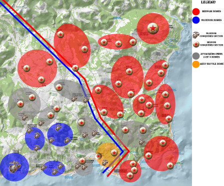 Here the situation in Chernarus after the fourteenth battle, in orange the next battle area